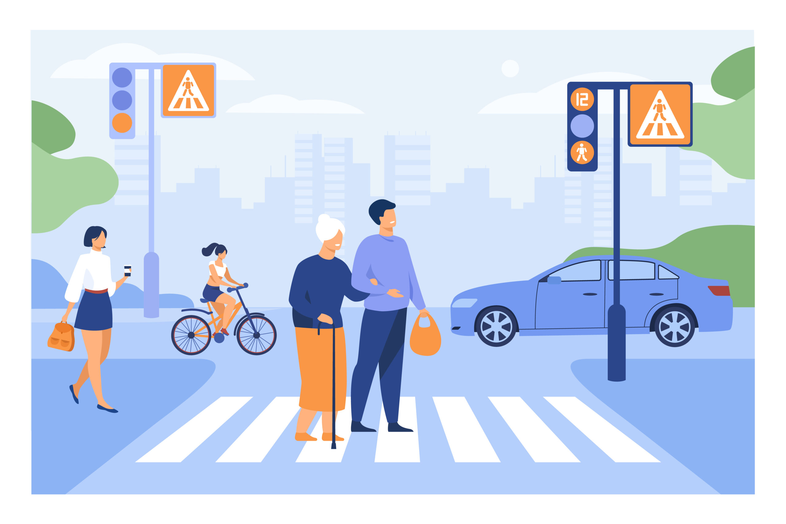 Young man helping old woman crossing road